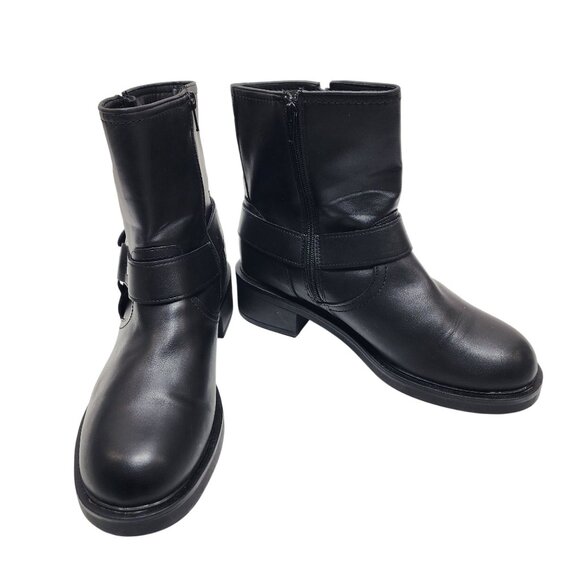 Black Leather Moto Ankle Boots With Decorative Buckles & Side Zip Size 10 - Picture 9 of 10